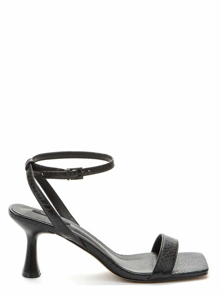 Black Textured Ankle Strap Sandal with Curved Heel