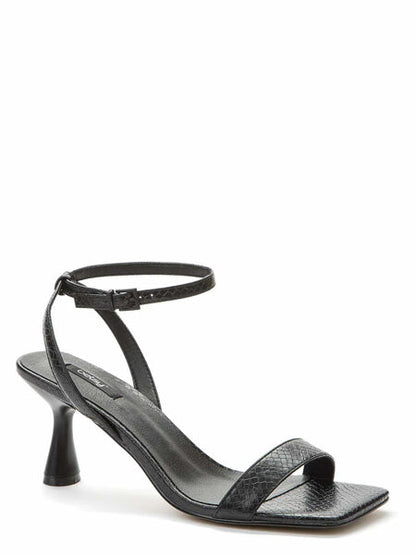 Black Textured Ankle Strap Sandal with Curved Heel