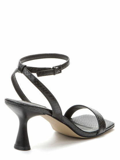 Black Textured Ankle Strap Sandal with Curved Heel
