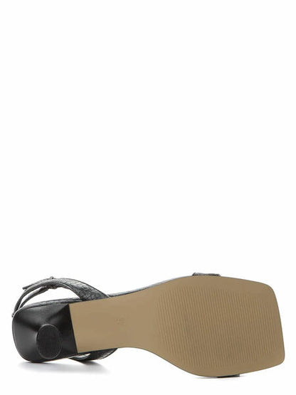 Black Textured Ankle Strap Sandal with Curved Heel