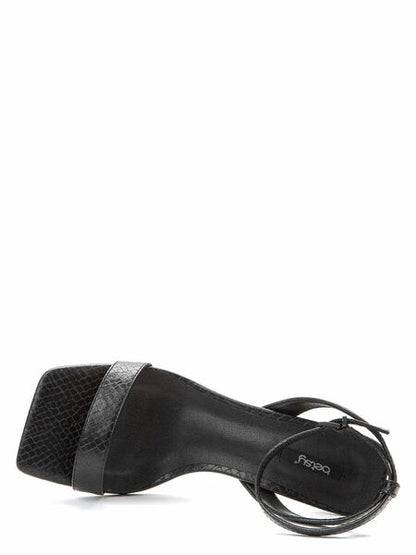 Black Textured Ankle Strap Sandal with Curved Heel