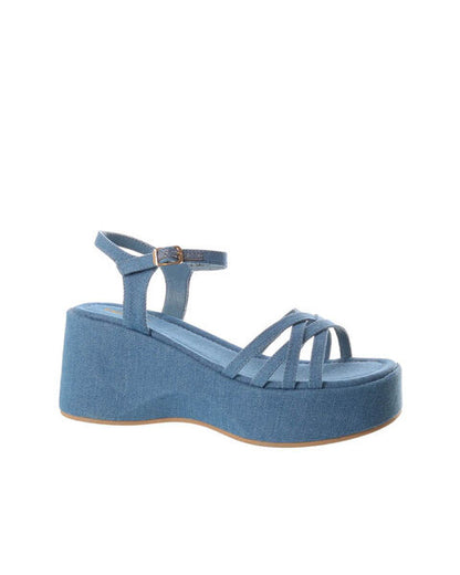 Blue Denim Platform Sandals with Crisscross Straps