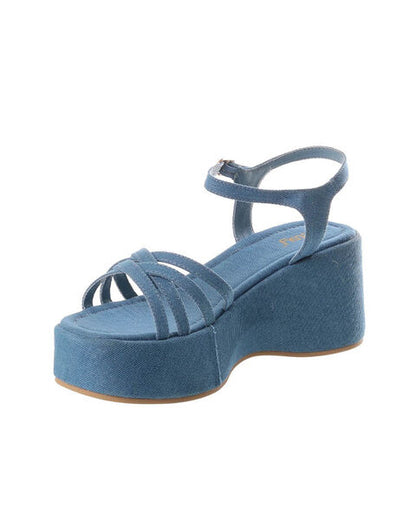 Blue Denim Platform Sandals with Crisscross Straps