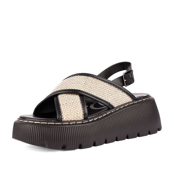 Black Woven Platform Sandals with Adjustable Buckle