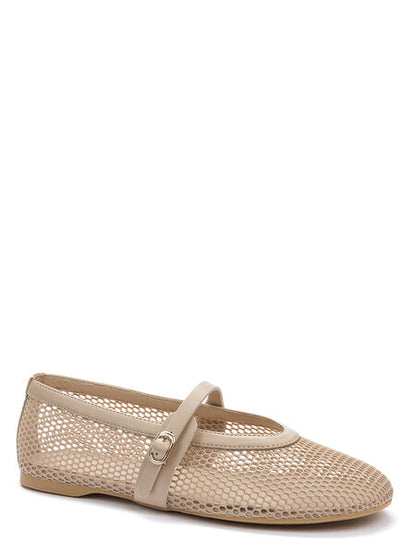 Beige Mesh Mary Jane Flats with Buckle Strap