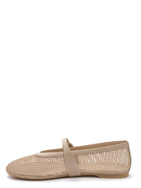 Beige Mesh Mary Jane Flats with Buckle Strap