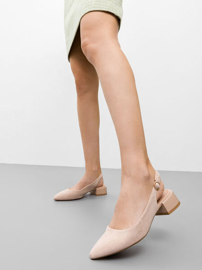 Beige Suede Slingback Block Heel
