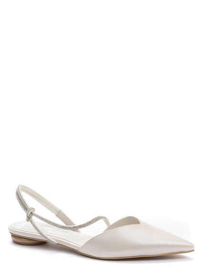 Ivory Satin Slingback Flats with Rhinestone Strap
