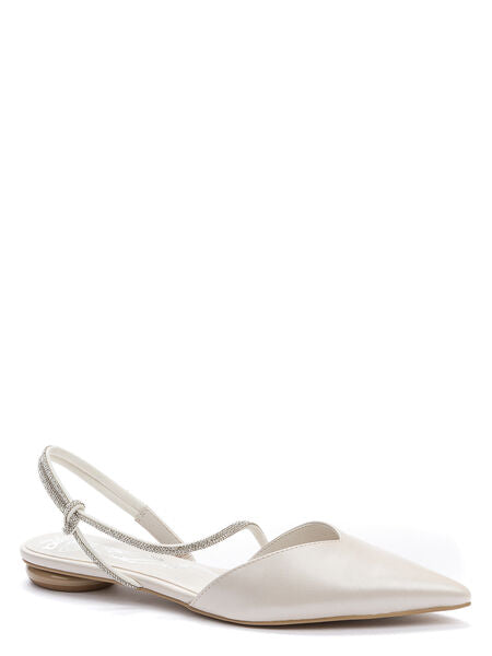 Ivory Satin Slingback Flats with Rhinestone Strap