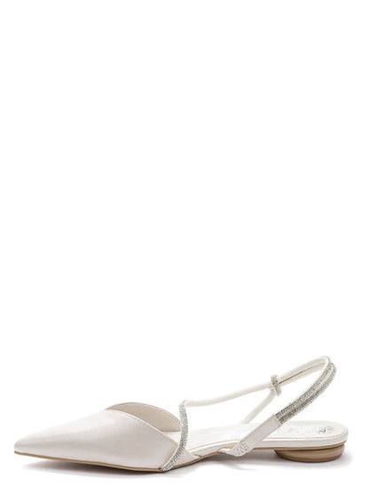 Ivory Satin Slingback Flats with Rhinestone Strap
