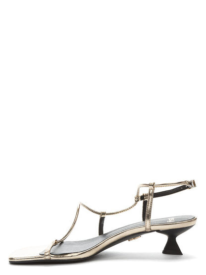 Metallic Strappy Heeled Sandal with Curved Heel