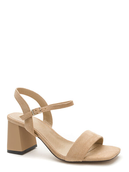 Beige Suede Block Heel Sandal with Ankle Strap