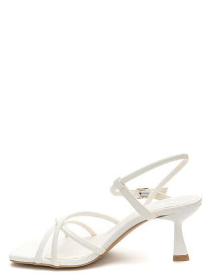 White Strappy Sandal with Square Toe and Buckle Closure