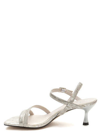 Silver Textured Sandal with Kitten Heel