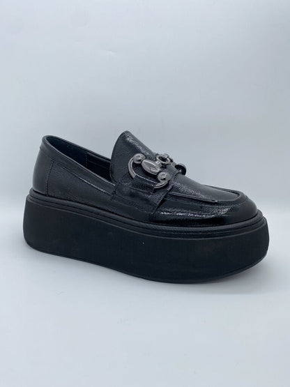 Black Patent Platform Loafer with Metal Accent