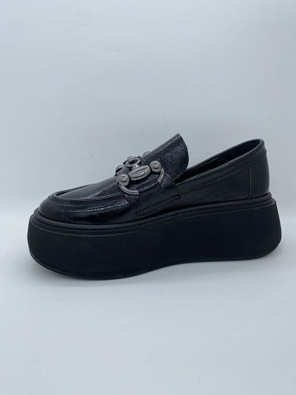 Black Patent Platform Loafer with Metal Accent