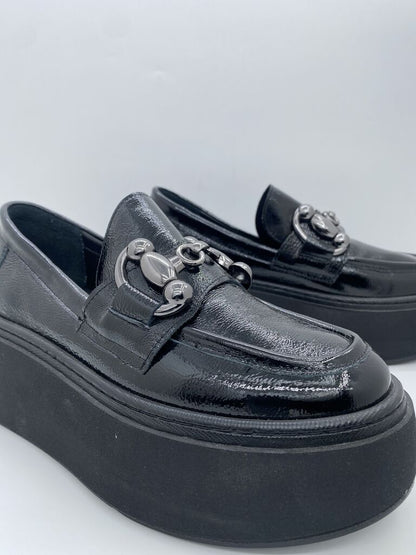 Black Patent Platform Loafer with Metal Accent