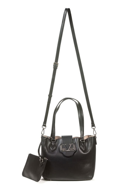 Black Leather Tote with Buckle Accent
