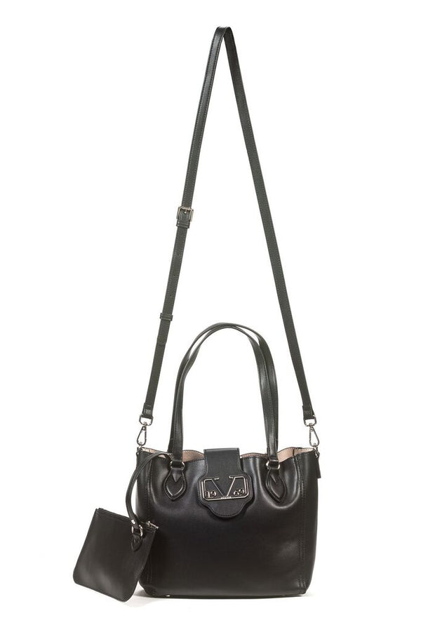 Black Leather Tote with Buckle Accent