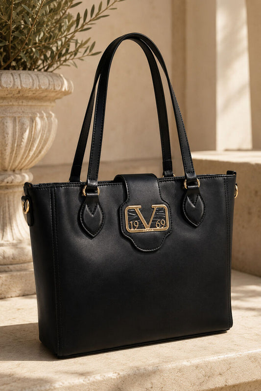 Black Leather Tote with Buckle Accent