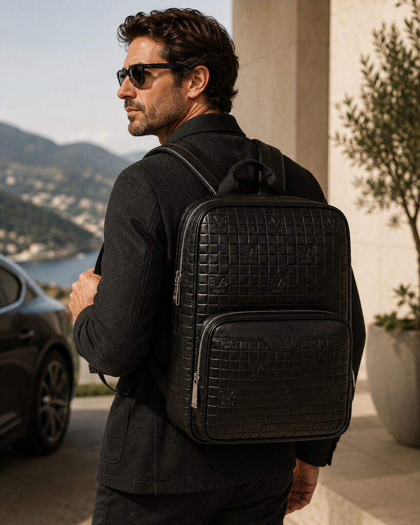 Black Woven Backpack with Embossed Detail