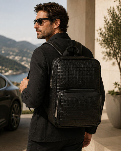 Black Woven Backpack with Embossed Detail