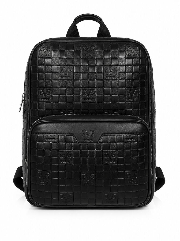 Black Woven Backpack with Embossed Detail