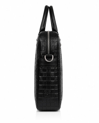 Black Woven Leather Briefcase with Adjustable Strap