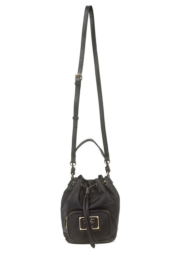 Black Drawstring Bucket Bag with Adjustable Strap