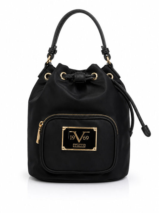 Black Drawstring Bucket Bag with Adjustable Strap