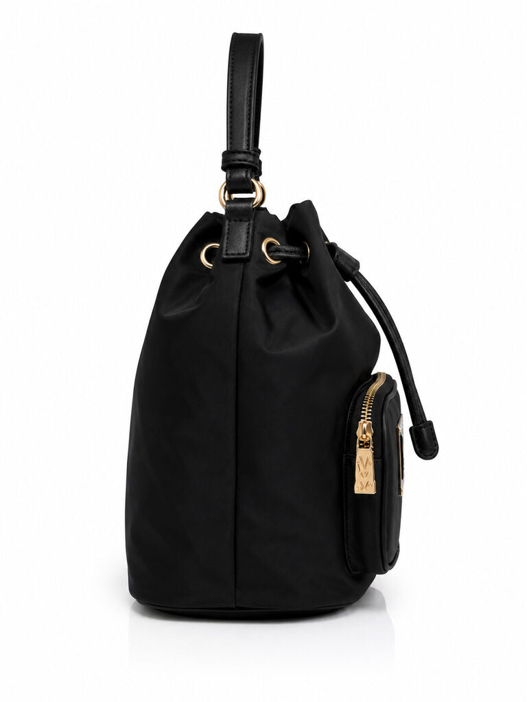 Black Drawstring Bucket Bag with Adjustable Strap