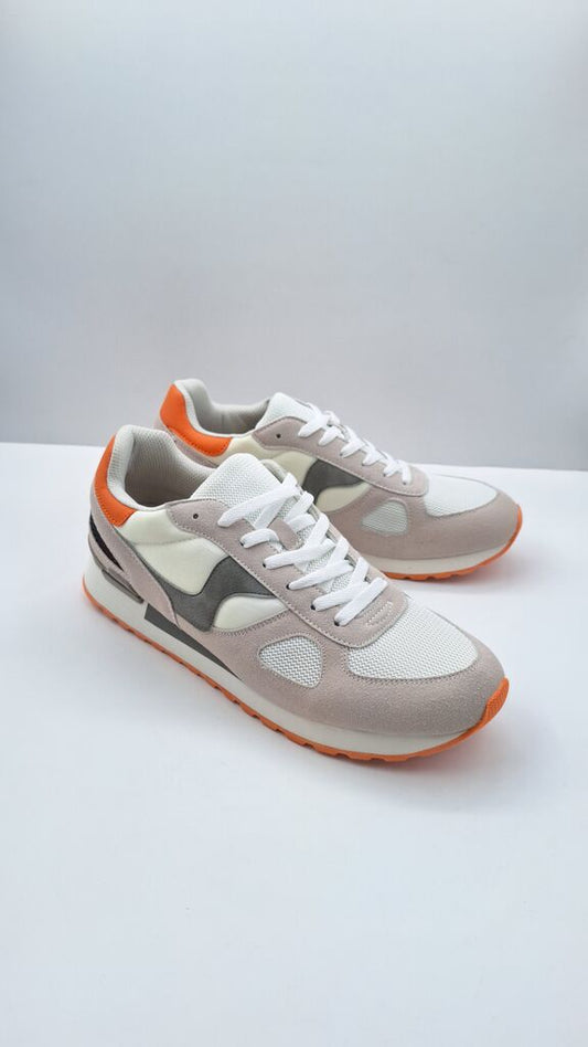 White Suede and Mesh Sneakers with Orange Accents