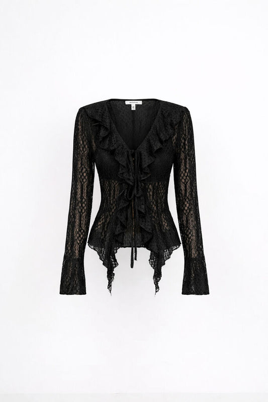 Black Lace Blouse with Ruffle Detail