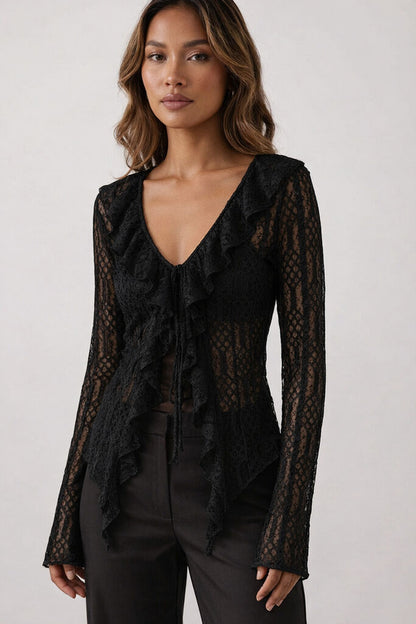 Black Lace Blouse with Ruffle Detail