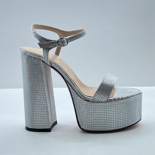 Silver Textured Platform Sandals with Block Heel