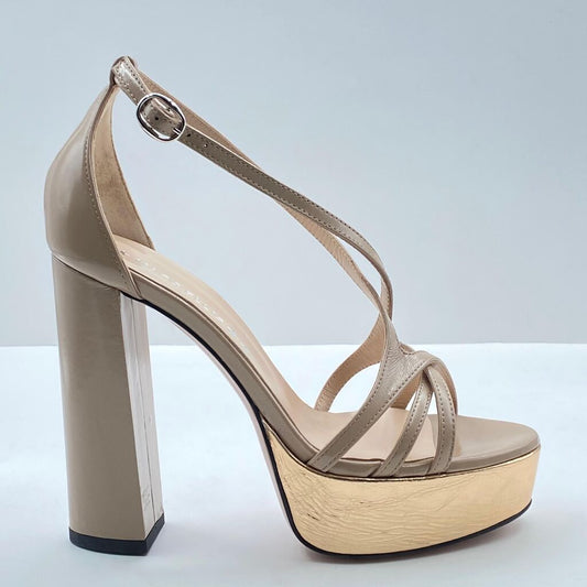 Nude Patent Platform Heel Sandal with Ankle Strap