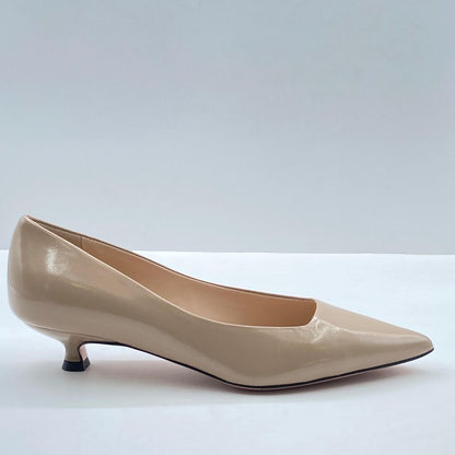 Beige Patent Pointed Toe Kitten Heel