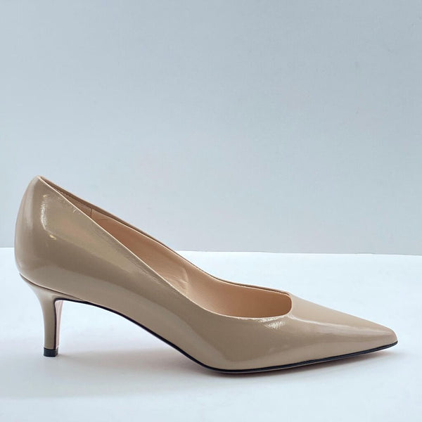 Beige Patent Pointed Pumps with Mid Heel