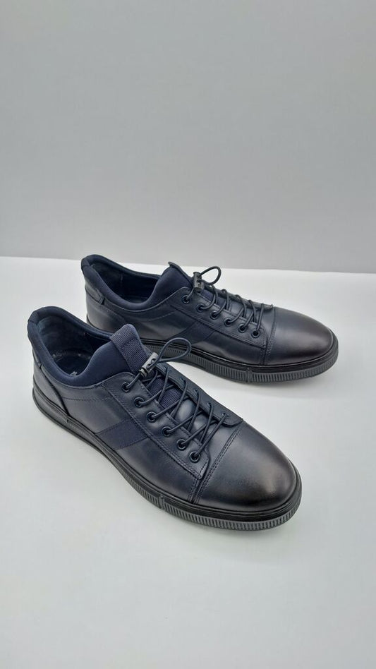 Navy Leather Sneakers with Lace-Up Closure