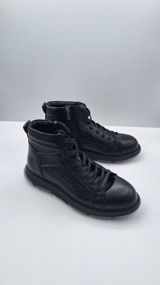 Black Leather High-Top Sneakers with Zipper Detail