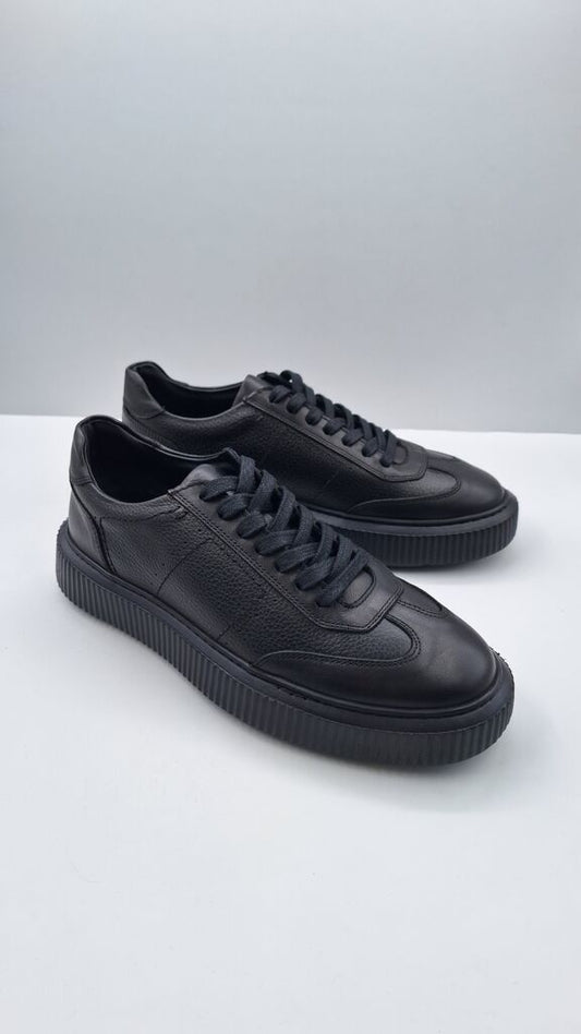 Black Textured Leather Sneakers with Ribbed Sole