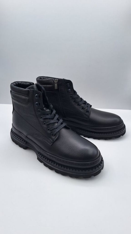 Black Textured Lace-Up Boots with Zipper Detail