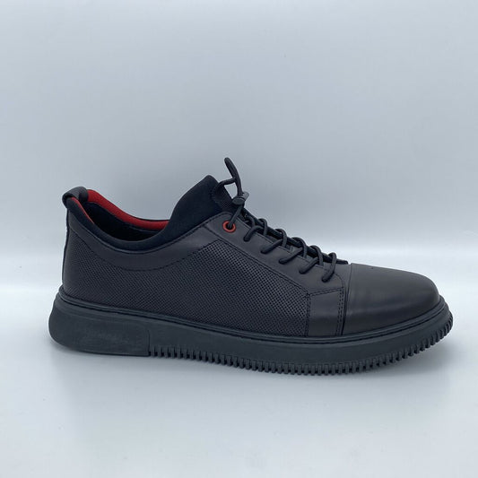 Black Textured Sneakers with Red Accent
