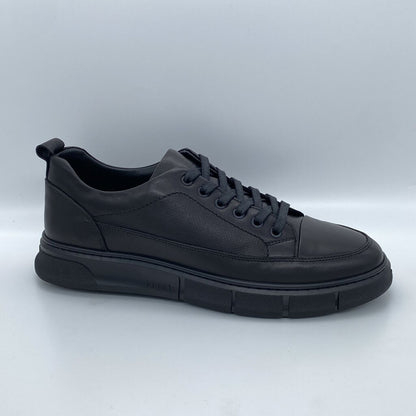 Black Textured Leather Sneaker with Lace-Up Design