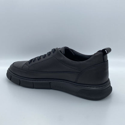 Black Textured Leather Sneaker with Lace-Up Design