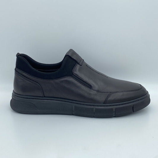 Black Leather Slip-On Sneaker with Elastic Detail