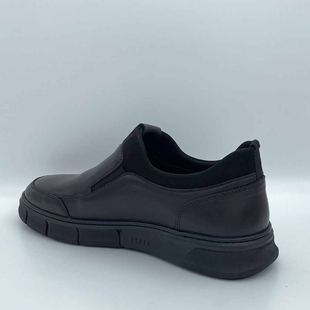 Black Leather Slip-On Sneaker with Elastic Detail