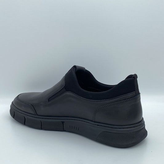 Black Leather Slip-On Sneaker with Elastic Detail