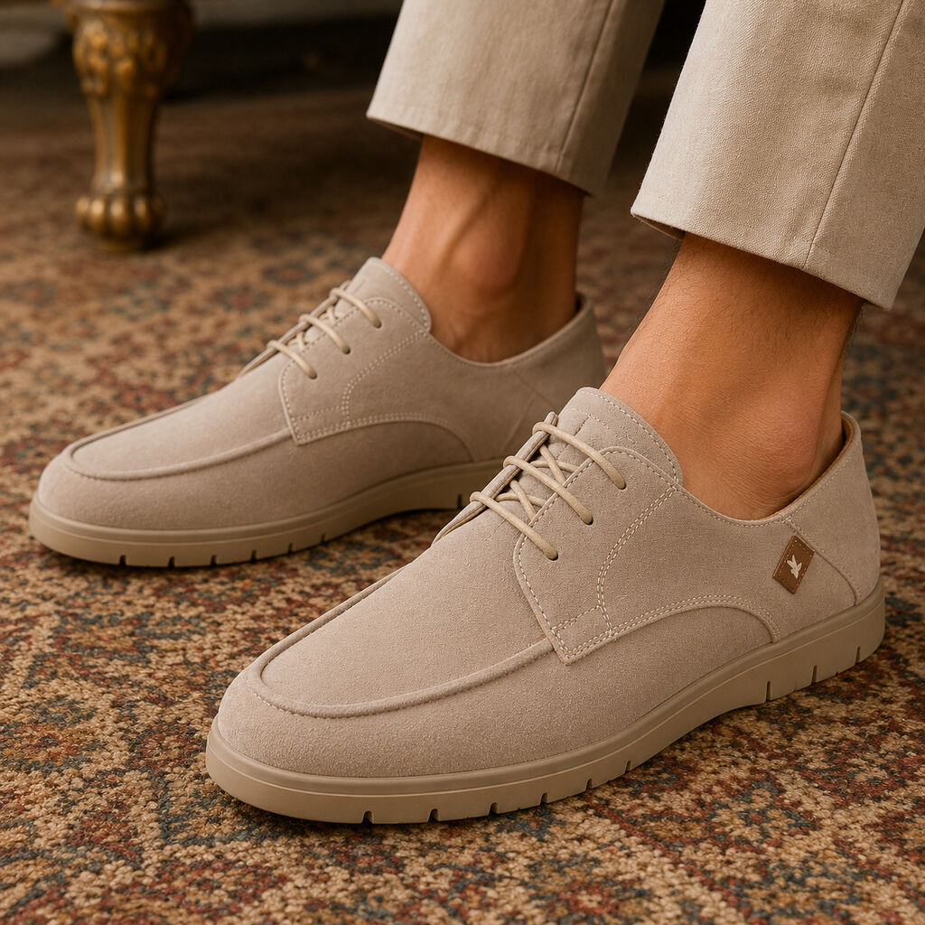 Taupe Suede Moccasin Shoes with Lace-Up Design