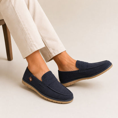 Navy Textured Loafers with Classic Penny Strap